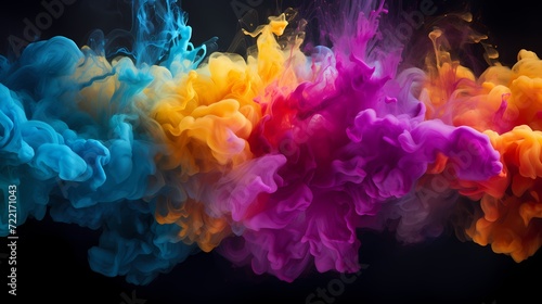 A burst of colorful smoke dispersing against a dark background