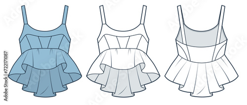 Peplum Ruffle Top technical fashion illustration. Strappy Top fashion flat technical drawing template, slim fit, front and back view, white, light blue, women CAD mockup set.