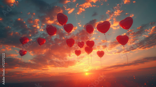 hyper realistic of heart balloons floating in a sunset sky. vibrant color palette, focusing on shades of red and pink. joyful and romantic atmosphere with the balloons gently floating.