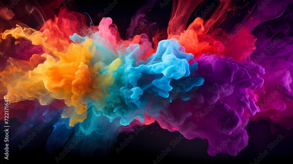 A burst of colorful smoke dispersing against a dark background