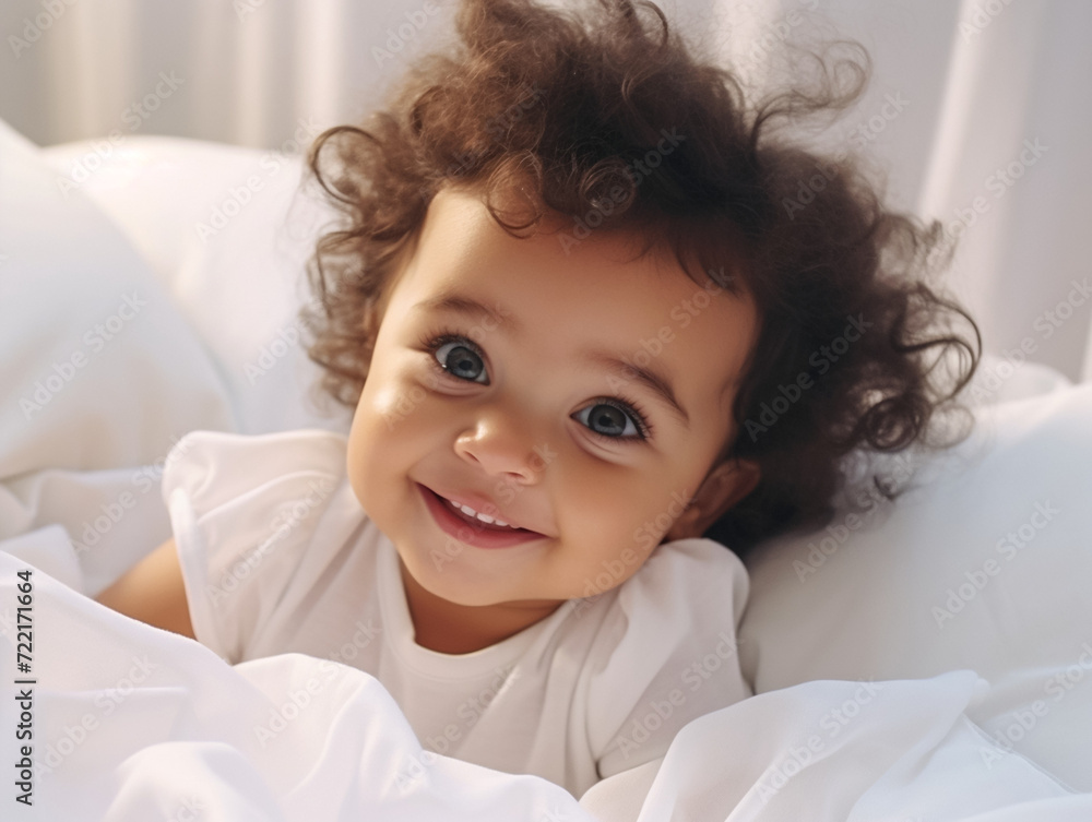 Adorable baby with curly hair - obrazy, fototapety, plakaty 