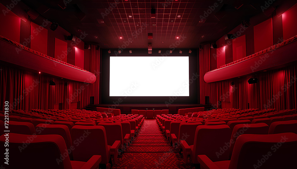 Fototapeta premium Empty of cinema in red color with white blank screen