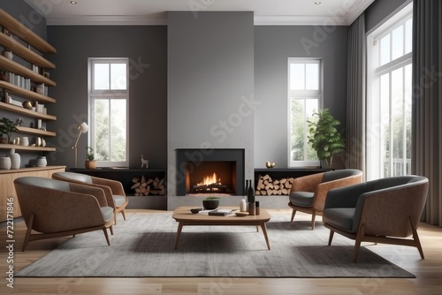 Brown leather chair and grey sofa in room with fireplace. Mid century style home interior design of modern living room