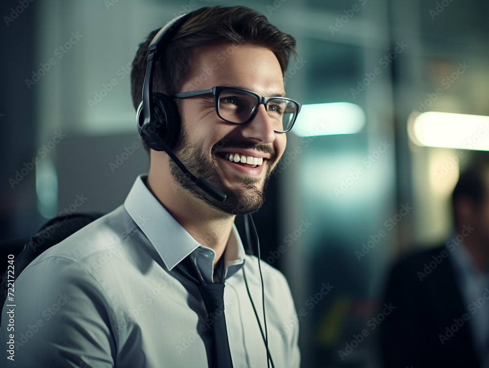 Fototapeta premium A confident and handsome male customer service representative smiling at the camera, in a customer service center or support center setting