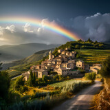 A rainbow arching over a quaint countryside village