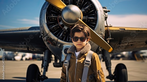 A boy in a flight suit standing in front of an aircraft at midday
