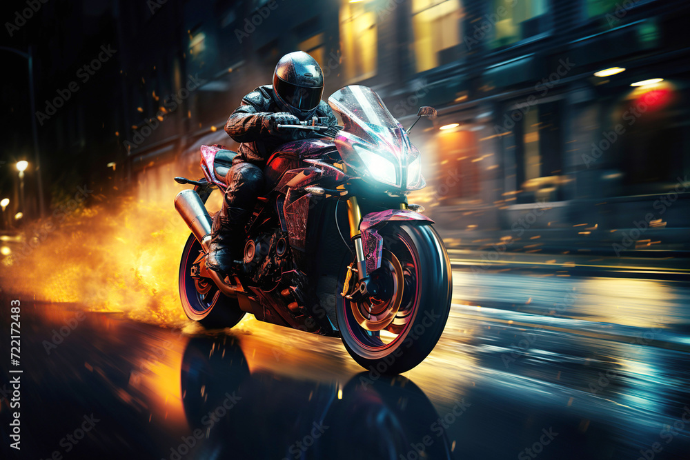 racer biker motorcyclist in helmet rides a sports motorcycle on road in a city race at night. Speed, motion blur