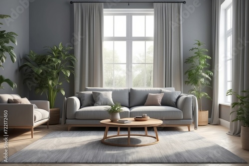 interior design of gray walled living room with comfortable sofa center table carpet curtains potted plants while window sunlight illuminating © Dhiandra