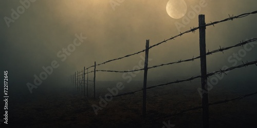 Foggy landscape with barbed wire fence in the foreground. Depressing grunge dusty texture background