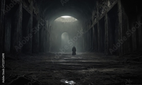 Silhouette of a man walking in a dark tunnel with light coming through