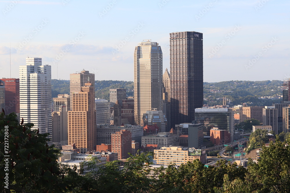 Panoramic view of the bridge and river in the downtown city of Pittsburgh, Pennsylvania —aerial, birds' eye view of downtown and river with river.