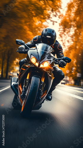 A motorcycle rider riding a motorcycle speeding down the road, vertical image © JQM