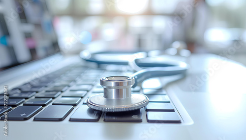 medical stethoscope on laptop keyboard on blurred doctor and white hospital background