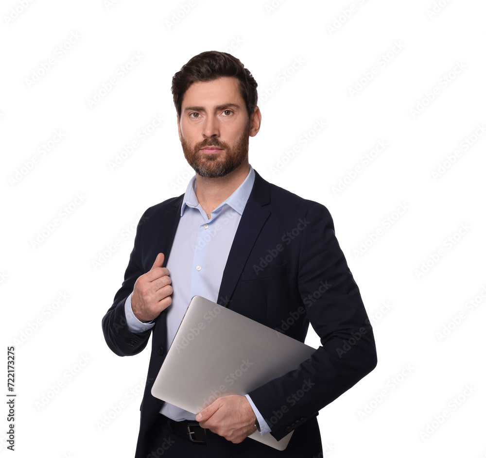 Portrait of serious man with laptop on white background. Lawyer, businessman, accountant or manager Portrait of serious man with laptop on white background. Lawyer, businessman, accountant or manager