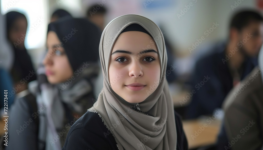 a young muslim woman in a hijab in a classroom a young muslim woman in a hijab in a classroom