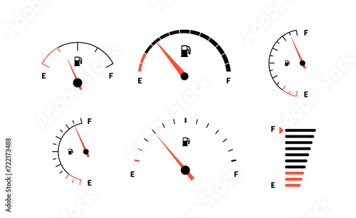 Fuel indicator meter or fuel gauge for petrol, gasoline, diesel level count. Control gas tank fullness. Set of fuel gauge scales icons. Car dial petrol gasoline dashboard. illustration photo