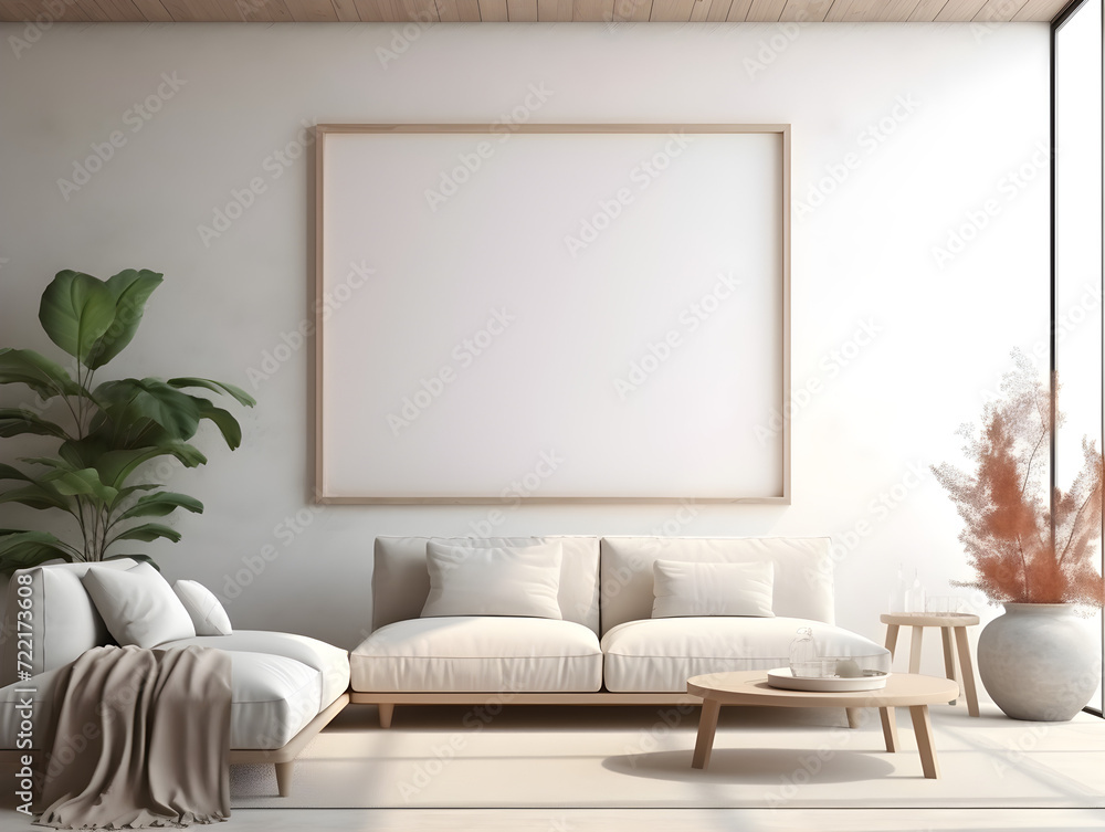 Mockup of a blank poster frame in a cozy living room environment, 3D rendering Mockup of a blank poster frame in a cozy living room environment, 3D rendering