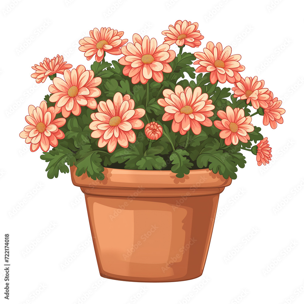 Illustration of chrysanthemum flowers in a pot isolated on transparent background