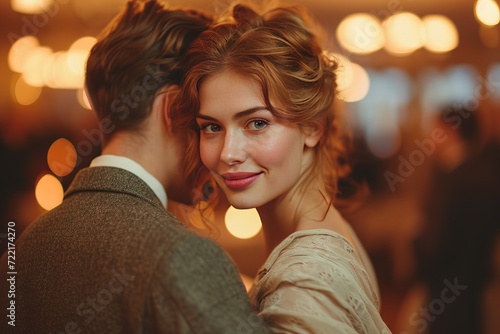 Romantic swing dance in a candlelit ballroom with live jazz music