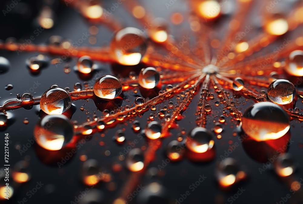 A vibrant red flower adorned with glistening water droplets, illuminated by the soft light of a rainy day