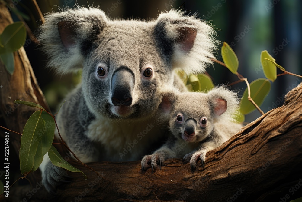 Obraz premium A cuddly koala and its precious joey perched on a tree branch, showcasing the beauty of nature and the bond between mother and child in the wild