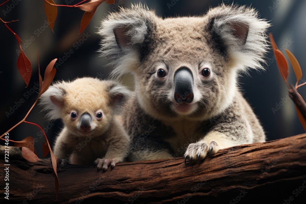 Obraz premium A mother koala gently nuzzles her precious joey on a leafy perch, embodying the raw beauty of the australian outback
