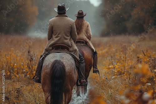Romantic tandem horseback riding through scenic trails © create