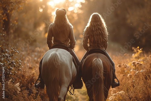 Romantic tandem horseback riding through scenic trails © create