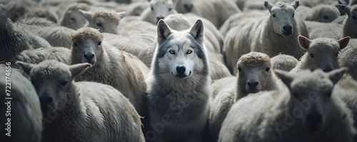 Fotografia A concept illustration depicting a group of sheep with one wolf among them, symb