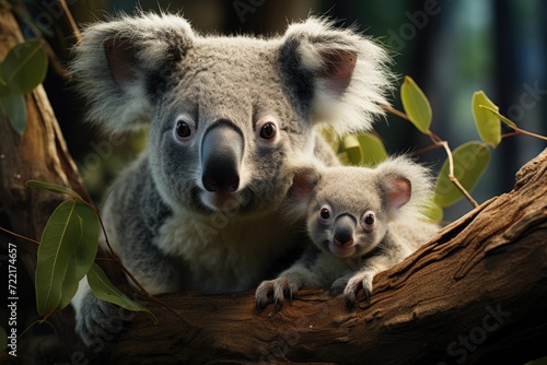 A cuddly koala and its precious joey perched on a tree branch  showcasing the beauty of nature and the bond between mother and child in the wild