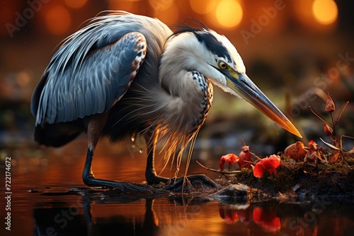 A majestic great heron stands gracefully in the shimmering waters, its beak poised and feathers ruffled by the gentle breeze, a beautiful embodiment of aquatic beauty and wild freedom photo