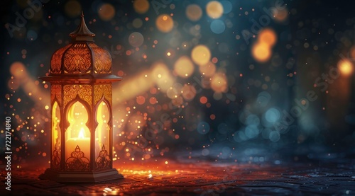 Ramadan mubarak banner background with arabic lantern with bokeh background, light burning candle background