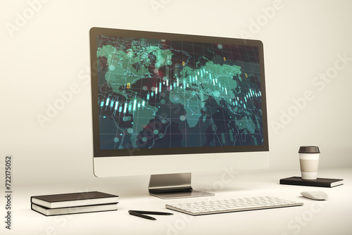 Abstract financial diagram with world map on modern laptop screen, banking and accounting concept. 3D Rendering