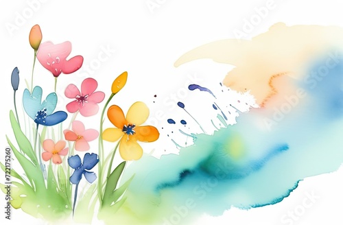 Watercolor drawing of wildflowers on the left side and shapeless streaks of paint on a white background, a banner with a place for the inscription on the right side