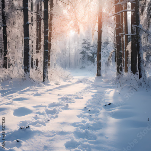 A trail of footprints in the snow leading into a forest.