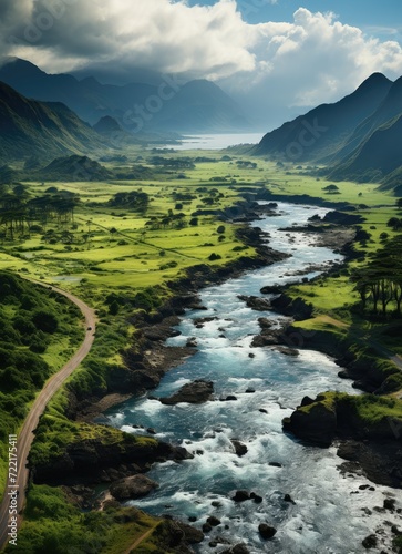 Amidst the untouched beauty of the highland valley, a river flows gracefully, nourishing the surrounding plant life and carving a path through the rugged landscape under the watchful gaze of the maje