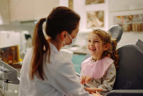 Little girl sitting in dental chair with open mouth and smiling while visiting dentist photo