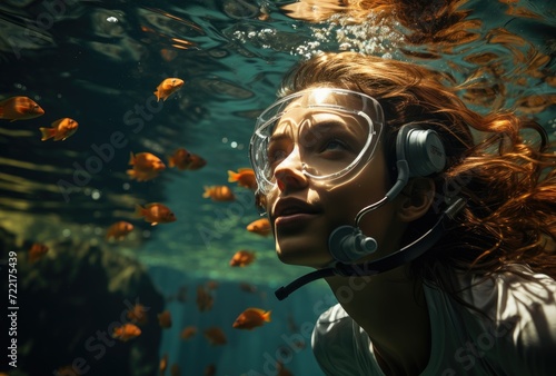 A skilled divemaster with a passion for marine biology explores the vibrant reef, equipped with goggles, headphones, and an oxygen mask, as she swims amongst diverse aquatic organisms and colorful fi