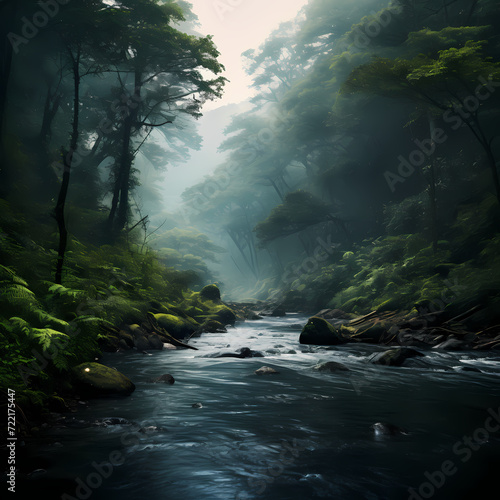 A tranquil river winding through a dense forest. © Cao
