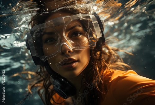 Submerged in the depths, a determined woman gazes through her goggles, ready to conquer the underwater world with grace and strength © LifeMedia