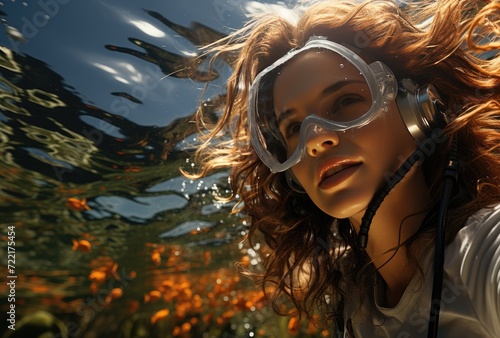 An adventurous woman immerses herself in the underwater world, her reflection distorted by the glistening water, as she listens to the soothing sounds of the ocean through her headphones