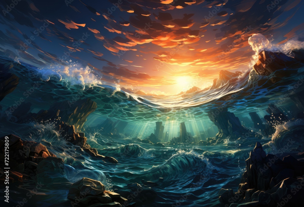 A mesmerizing watercolor masterpiece capturing the powerful energy of a crashing wave, surrounded by rugged rocks and illuminated by the warm glow of a setting sun in the tranquil depths of the ocean