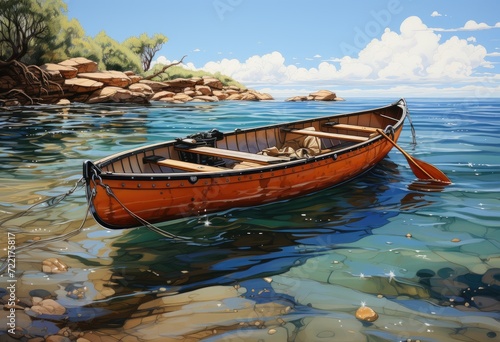 A lone boat glides peacefully across the glistening water, surrounded by a picturesque landscape of clear skies and tranquil shores, serving as a symbol of freedom and adventure