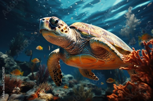 A graceful sea turtle glides through the colorful coral reef, showcasing the beauty and wonder of marine biology in its natural habitat