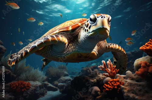 A graceful sea turtle glides through the crystal-clear water, surrounded by vibrant coral reefs and curious marine invertebrates, showcasing the captivating beauty of the underwater world