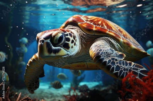 A majestic sea turtle gracefully navigates the colorful reef, showcasing the beauty and diversity of marine life beneath the crystal clear waters