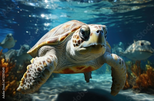 Gracefully gliding through the crystal blue ocean  a majestic sea turtle explores the vibrant reef in its natural underwater habitat