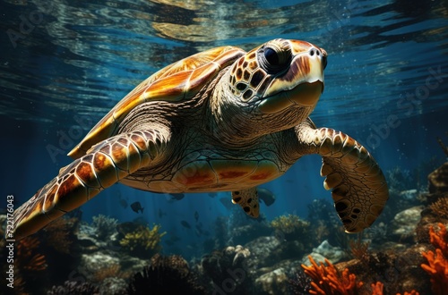 Graceful sea turtle glides through the vibrant underwater world, showcasing the beauty of marine life and captivating our hearts with its gentle presence