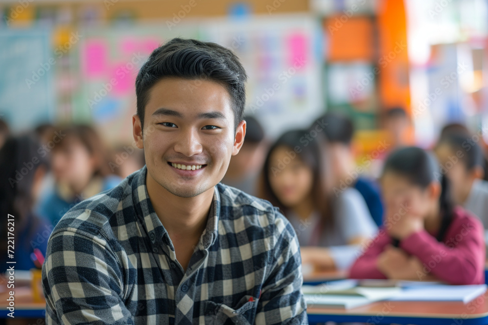 Portrait of smiling Asian teacher looking at camera while his students sitting in a classroom Portrait of smiling Asian teacher looking at camera while his students sitting in a classroom