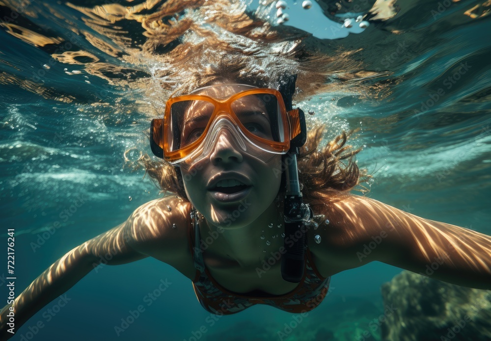 Fototapeta premium A daring divemaster gracefully explores the underwater world, equipped with her goggles and oxygen mask as she indulges in the serene sport of snorkeling